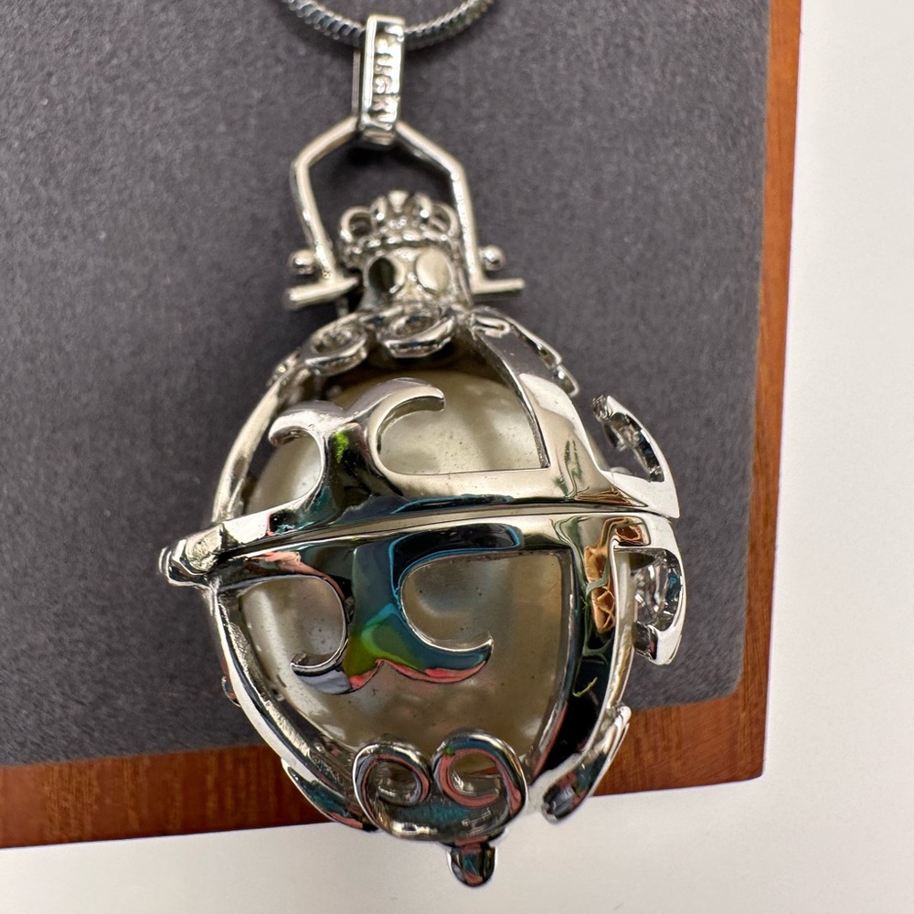 LUCKY Brand Locket Orb Pendant Necklace Silver Tone 34” Long Cage Pearl Ball - Picture 4 of 9